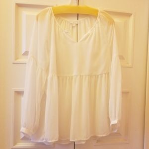 C Apparel White Key Hole Sheer Blouse L/S